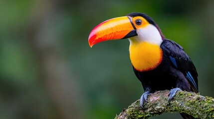 Naklejka premium Toucan perched on branch, rainforest background, wildlife photography, nature documentary