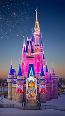 Magical castle lit up at twilight.