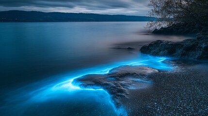 Fototapeta premium Bioluminescent Water Lapping Against a Rocky Shoreline