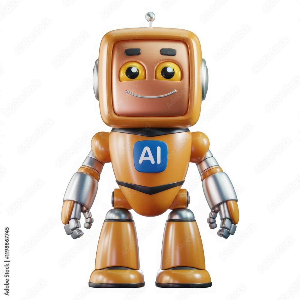 Poster a cute, orange ai robot with a friendly face and metallic arms.