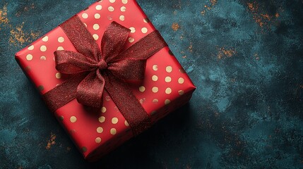 A beautifully wrapped red gift box with gold polka dots and a ribbon, perfect for celebrations.