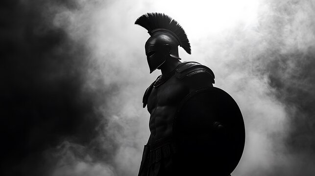 Spartan warrior standing in silhouette, black and white armor highlighted, dark background with light white smoke