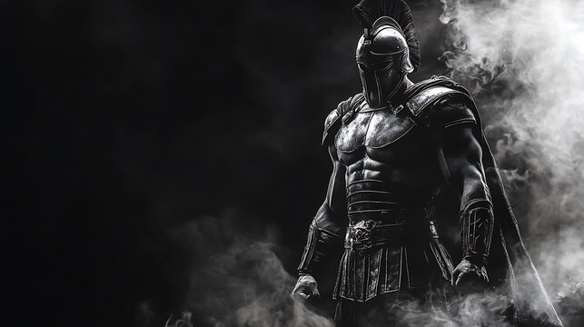 Spartan warrior standing tall and proud, black and white armor shining, with a black background and faint white smoke