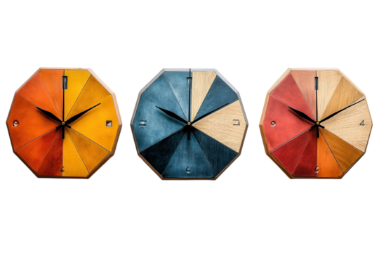 Unique octagonal wall clocks in vibrant colors showcasing modern design and craftsmanship