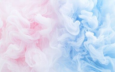 Fototapeta premium Wispy pastel-colored smoke in soft pink and blue, forming gentle swirls on a white background