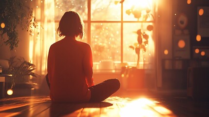 Golden Hour Contemplation: A woman sits peacefully by a sunlit window, bathed in the warm glow of the setting sun, finding solace and inner peace in the tranquil atmosphere.