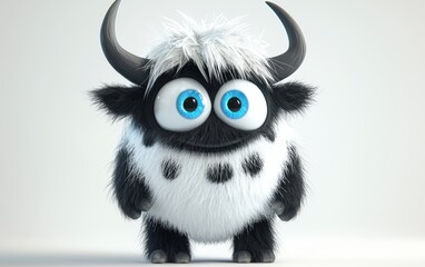 Naklejka premium 3D funny fluffy black-and-white spotted monster with horns and big blue eyes, cartoon character standing on a bright white background