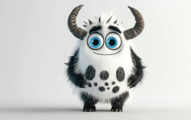 Naklejka premium 3D funny fluffy black-and-white spotted monster with horns and big blue eyes, cartoon character standing on a bright white background