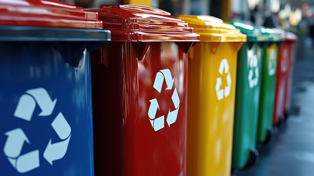 Close-up of recycling symbol on segregated bins for plastic, metal, and paper in urban area