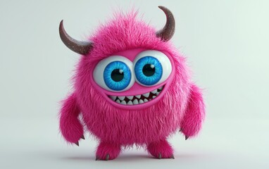 Fototapeta premium 3D funny fluffy bright pink monster with horns and big blue eyes, cartoon character standing on a bright white background