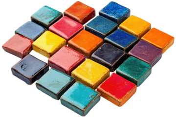 Colorful art supplies arranged in a square pattern on a white surface for creative projects