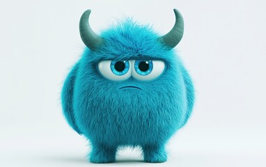 Fototapeta premium 3D funny fluffy cyan monster with horns and big blue eyes, cartoon character standing on a bright white background
