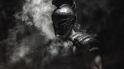 Spartan warrior ready for battle, clad in black and white armor, dark background with faint white smoke curling around