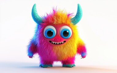 Fototapeta premium 3D funny fluffy rainbow-colored monster with horns and big blue eyes, cartoon character standing on a bright white background