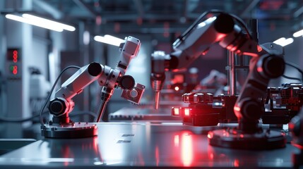 Modern robotics facility showcasing industrial robots in precise manufacturing action