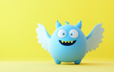 Obraz premium 3D round blue monster with tiny wings and a happy expression, placed on a pastel yellow background