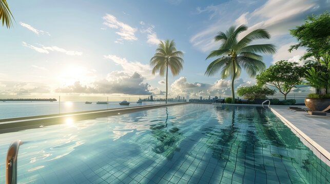 Luxurious rooftop pool with tropical lagoon view showcasing serene living