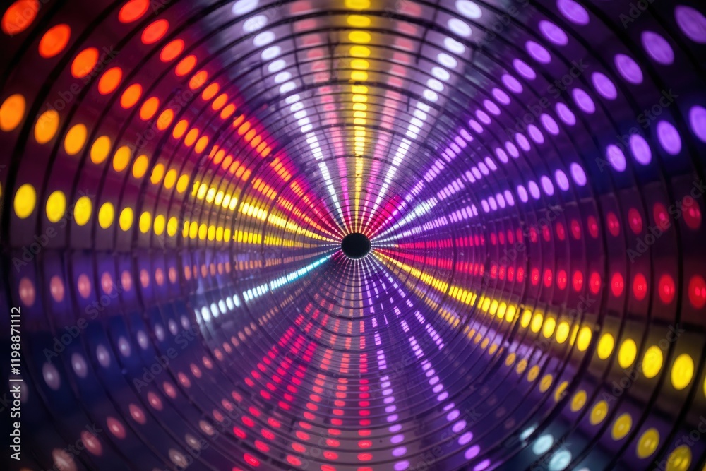 Poster A mesmerizing tunnel of vibrant, multicolored LED lights creating a psychedelic visual experience.