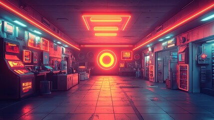A futuristic, neon-lit industrial space with glowing elements and high-tech equipment.