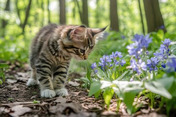 Exploring kitten in sunlight playful vibrant woodland adventure