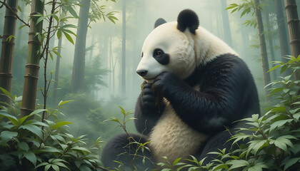 Obraz premium A giant panda, a rare and endangered mammal native to China, eating bamboo in its natural habitat