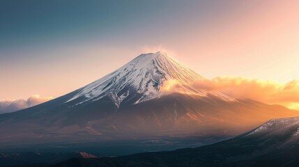 Fototapeta premium Serene Dawn Light Illuminates Snow-Capped Mount Fuji Peak