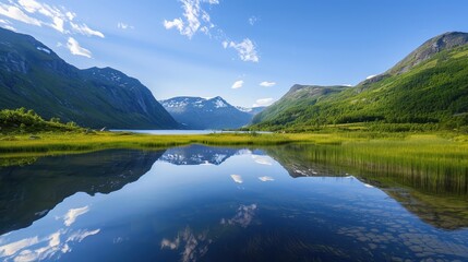 Scenic mountain landscape with reflective lake in nature photograph.