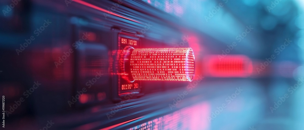 Fototapete futuristic fintech display blurred cityscape with binary code and currency symbols in neon glow digi