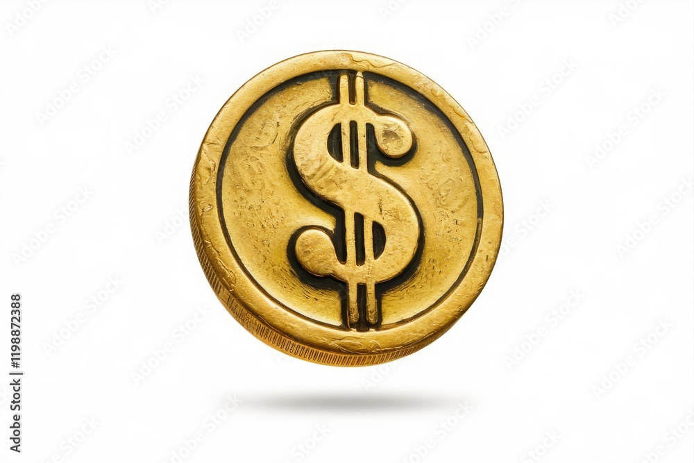 Poster a golden coin with a dollar sign embossed on it, symbolizing wealth and currency.