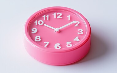 Vibrant pink alarm clock with white numbers, placed on a stark white background