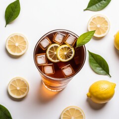 Glass of lemon ice tea isolated on white background, top view
