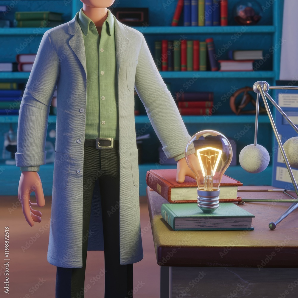 Poster a scientist in a lab coat stands near books and a glowing lightbulb, symbolizing discovery and innov