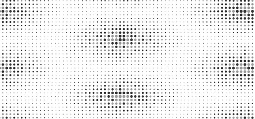Halftone gradient background with grunge. Grit noise texture with faded edges. Backdrop with pixilated vectors in a retro style Decorative wallpaper with white and black sand noises.