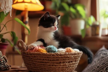 Playful Persian kitten explores wicker basket in bohemian room