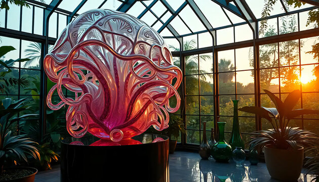 A_icon_of_In_a_serene,_verdant_conservatory_under_the_soft_glow_of_twilight,_a_myriad_of_intricate_glass_sculptures_adorn_the_room_A Generative AI