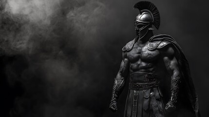 Spartan warrior standing firm, wearing detailed black and white armor, black backdrop with faint white smoke