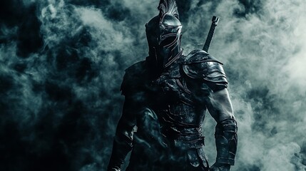 Spartan warrior standing firm, wearing detailed black and white armor, black backdrop with faint white smoke