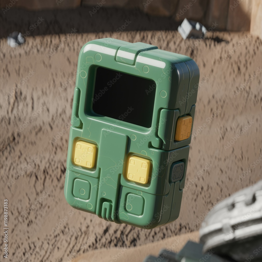 Poster a futuristic, green handheld device with a screen and buttons, possibly a toy or gadget.