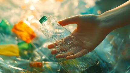 Close macro shot through transparent materials, hand sorting recycling items, soft background blur, bright clean aesthetic, sustainability lifestyle photography, high key lighting, contemporary