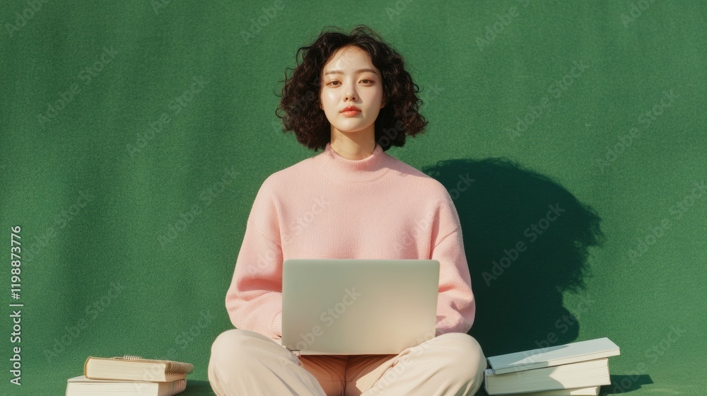 Aufkleber digital campus serenity korean female student on vibrant green lawn with laptop and textbooks - enha