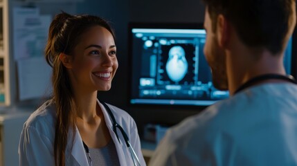 A doctor smiles while discussing an ultrasound image with a colleague in a medical setting, reflecting a positive and collaborative atmosphere.