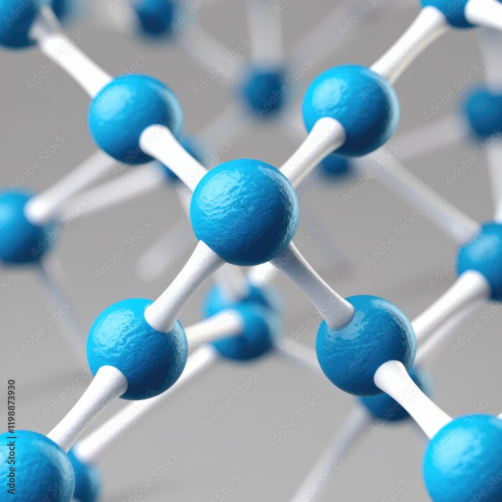 Poster 3D model of a molecular structure showing interconnected blue spheres representing atoms.
