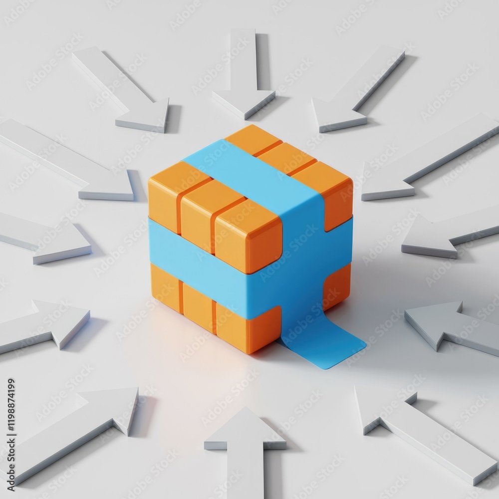 Aufkleber A single orange cube with blue tape, surrounded by many converging arrows, symbolizes focused decision-making amidst multiple options.