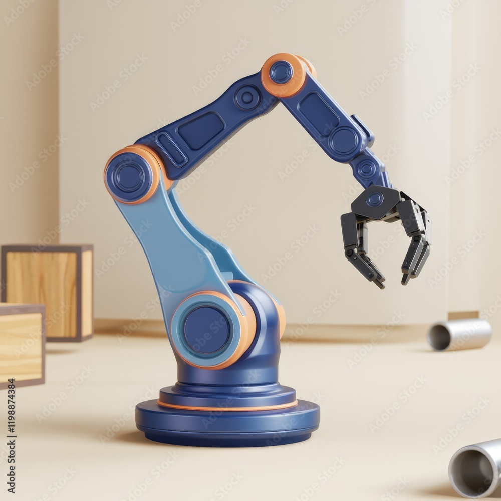 Poster A robotic arm with a three-fingered claw, industrial automation, futuristic technology.