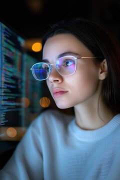 A woman wearing glasses is looking at a computer screen. Concept of focus and concentration as the woman stares intently at the screen. The glasses add a touch of sophistication