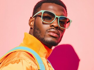 Fototapeta premium Retro Streetwear Vibes Bold Tracksuit and Neon Accessories on Young Black Man - Urban Fashion Content for Creative Marketing and Stylish Apparel Branding