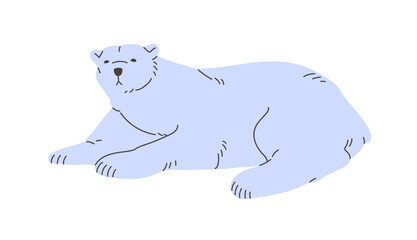 Cute tired polar bear lying. Amusing sleepy white animal of North Pole has a rest. Funny arctic beast, furry character of frost Antarctica, cold tundra relaxes. Flat isolated vector illustration
