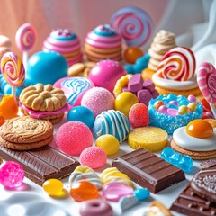 Vibrant Display of Candies, Sweets, Cookies, Pastries, Chocolate Bars, and Lollipops on Light Background, Colorful, Delicious, Sweet Treats