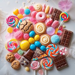 Vibrant Display of Candies, Sweets, Cookies, Pastries, Chocolate Bars, and Lollipops on Light Background, Colorful, Delicious, Sweet Treats