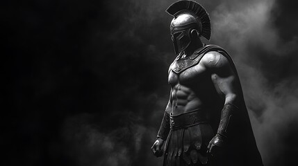 Spartan warrior in a defensive stance, black and white armor reflecting dim light, black background with subtle white smoke